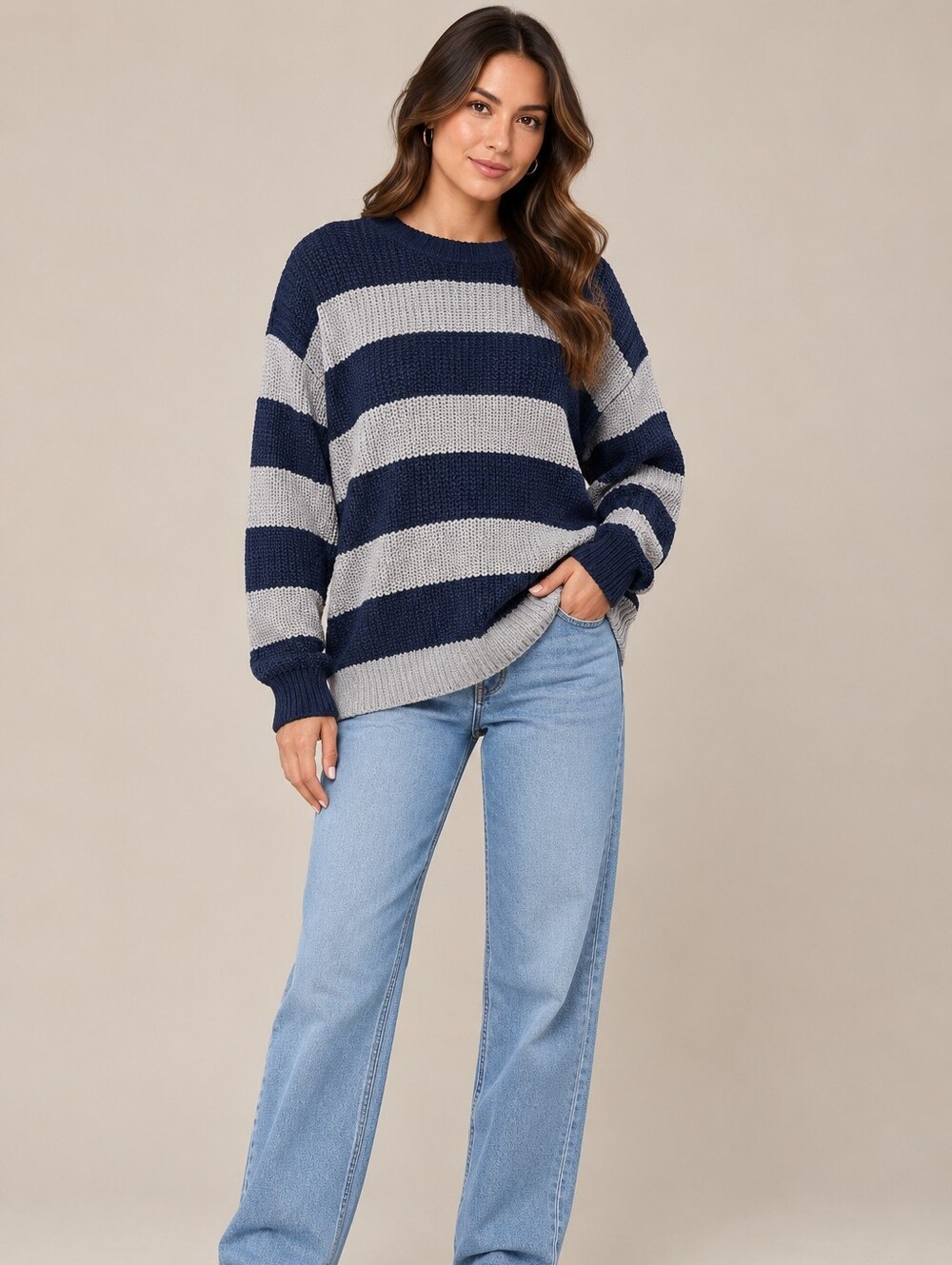DAVI & DANI Navy and Light Gray Striped Crewneck Sweater